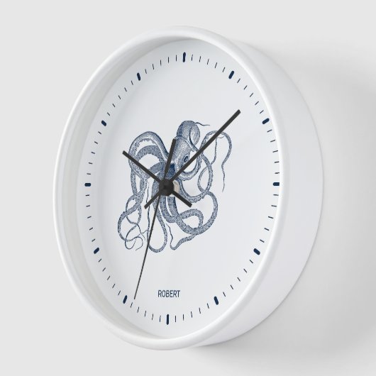 白い背景に青いタコ 壁時計 (傾斜)