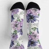 白い背景に青とライラックの花 ソックス (上部)