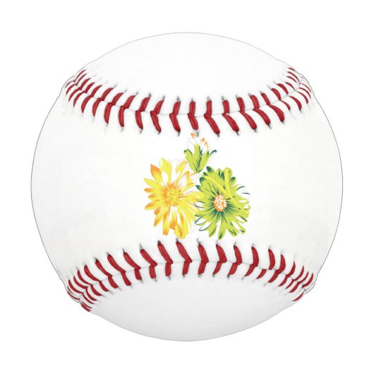 白い背景に黄色と緑の2つの花 野球ボール (正面)