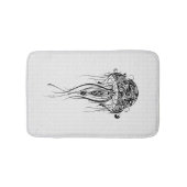 白い背景に黒いレトロクラゲ バスマット (正面)