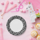 白い背景に黒いレース模様 ペーパープレート (パーティー)