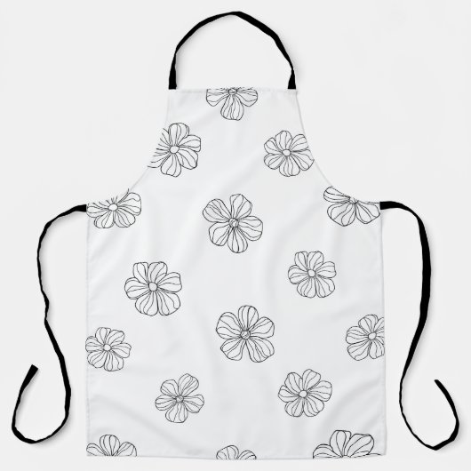 白い背景に黒い手描きの花。シーム エプロン (正面)