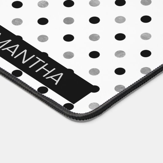 白い背景に黒と銀の水玉模様 デスクマット (コーナー)