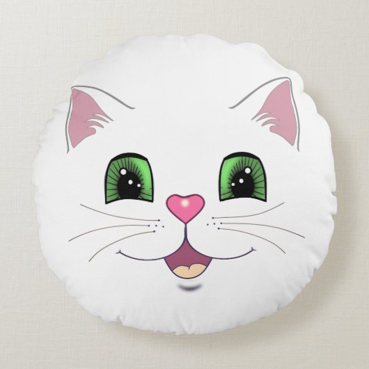 白い背景のかわいい猫の顔 ラウンドクッション (正面)
