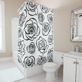 白い背景のエレガントな白黒バラ シャワーカーテン