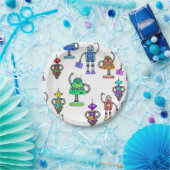 白い背景のカラフルでかわいいロボット ペーパープレート (パーティー)