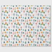 白い背景のクリスマスツリーと家 ラッピングペーパー (フラット)