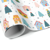 白い背景のクリスマスツリーと家 ラッピングペーパー (ロールコーナー)