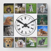 白い背景のドッグフォトコラージュ スクエア壁時計 (正面)