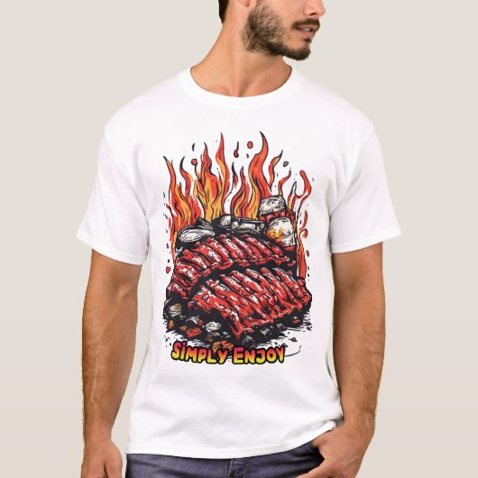 白い背景のバーベキューで美味しそうなリブ Tシャツ (正面)