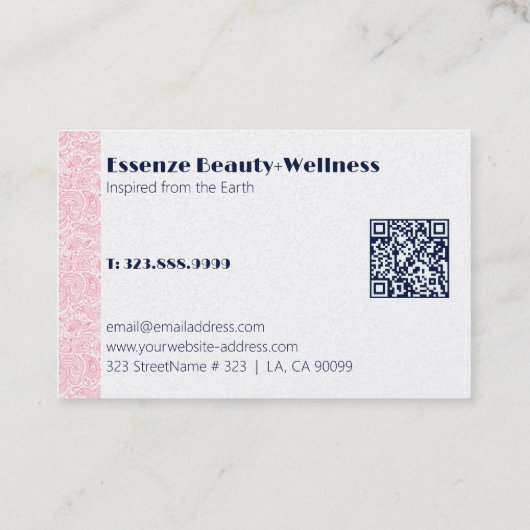 白い背景のピンクストライプ色のフローラペイズリー 名刺 (裏面)