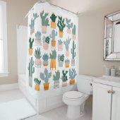 白い背景のポットにサボテンと多汁。 シャワーカーテン (インサイチュ)