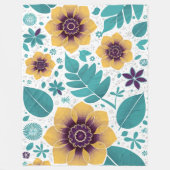 白い背景の明るい黄色とティール(緑がかった色)フローラ フリースブランケット (正面)