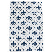 白い背景の濃い青の(紋章の)フラ・ダ・リパターン ミディアムペーパーバッグ (正面)