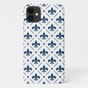 白い背景の濃い青の(紋章の)フラ・ダ・リパターン iPhone 11 ケース