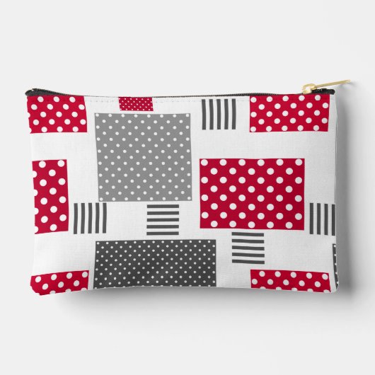 白い背景の灰色の赤い水玉模様パッチワーク アクセサリーポーチ (裏面)
