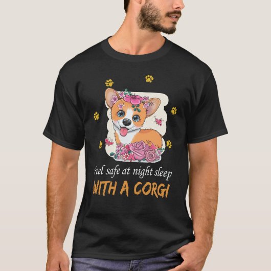白い背景の花と一緒に描かれた6匹の漫画のコーギー Tシャツ (正面)