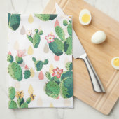 白い背景の花盛りのサボテン キッチンタオル (四つ折り)