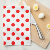 白い背景の赤い水玉模様 キッチンタオル (四つ折り)