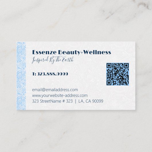 白い背景の青ストライプ色のフローラペイズリー 名刺 (裏面)