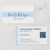 白い背景の青ストライプ色のフローラペイズリー 名刺 (正面/裏面)