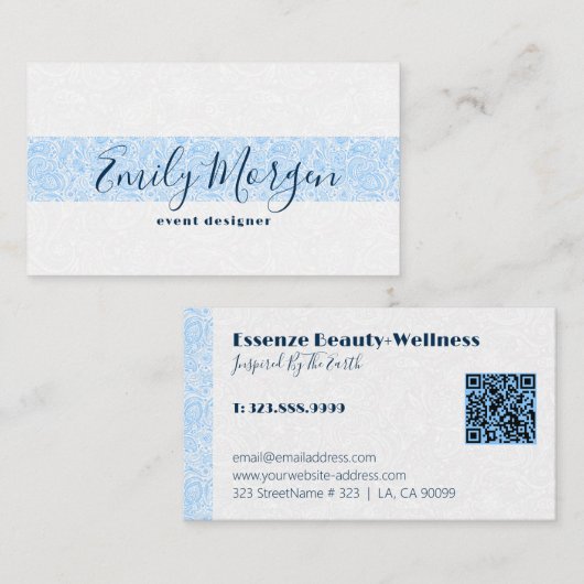 白い背景の青ストライプ色のフローラペイズリー 名刺 (正面/裏面)