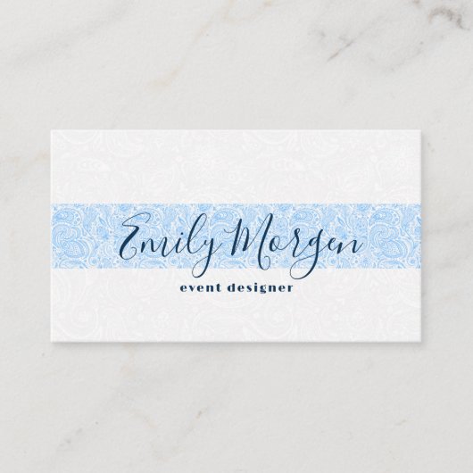 白い背景の青ストライプ色のフローラペイズリー 名刺 (正面)