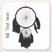 白い背景の黒いドリームキャッチャー スクエアペーパーコースター (正面)