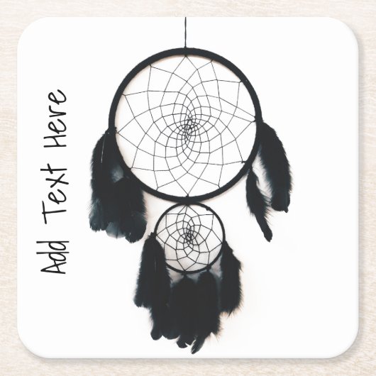 白い背景の黒いドリームキャッチャー スクエアペーパーコースター (正面)