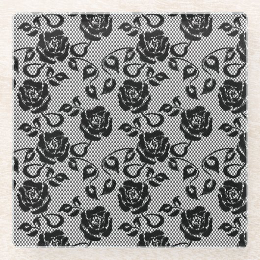 白い背景の黒いレースパターン ガラスコースター (正面)