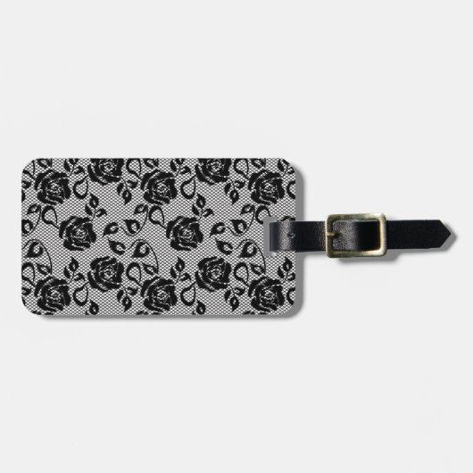 白い背景の黒いレースパターン ラゲッジタグ (正面横)