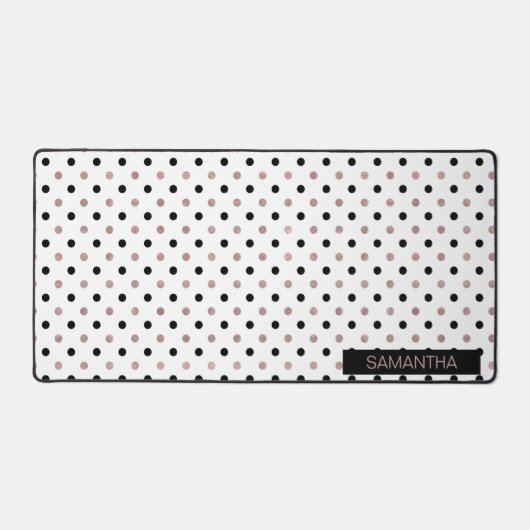 白い背景の黒とバラの金ゴールド水玉模様 デスクマット (正面)