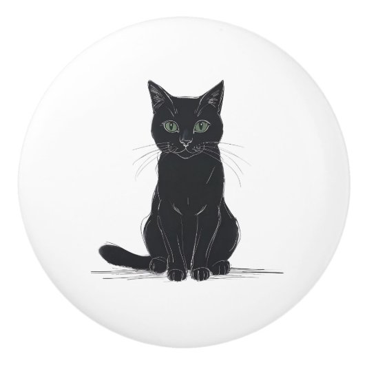 白い背景の黒猫のドアプルハンドル セラミックノブ (正面)