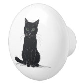 白い背景の黒猫のドアプルハンドル セラミックノブ (右)