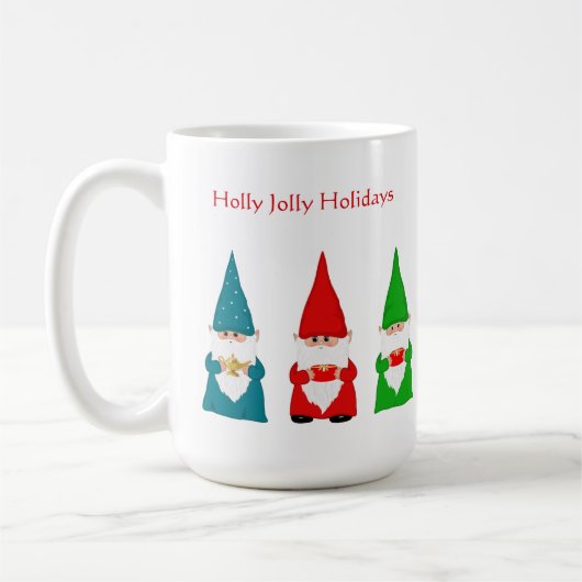 白い背景の7人のクリスマスノーム コーヒーマグカップ (左)