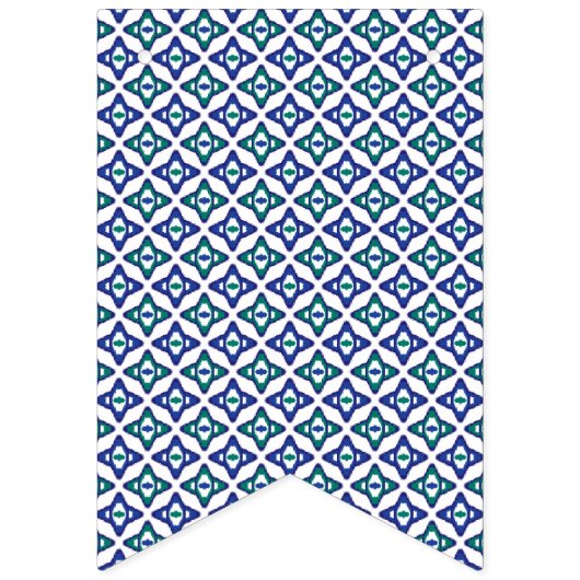 白い背景をもつ青と緑の模様 バンティングフラッグ (第1の旗)