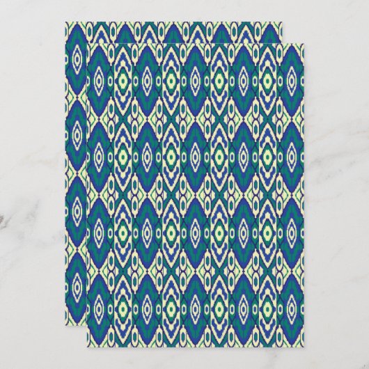 白い背景をもつ青と緑の模様 招待状 (正面/裏面)