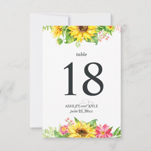 白い背景を持つひまわりテーブル番号 招待状 (裏面)
