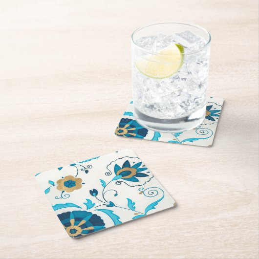 白い背景を持つ金箔の藍の花 スクエアペーパーコースター (インサイチュ)