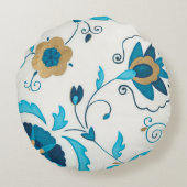 白い背景を持つ金箔の藍の花 ラウンドクッション (裏面)