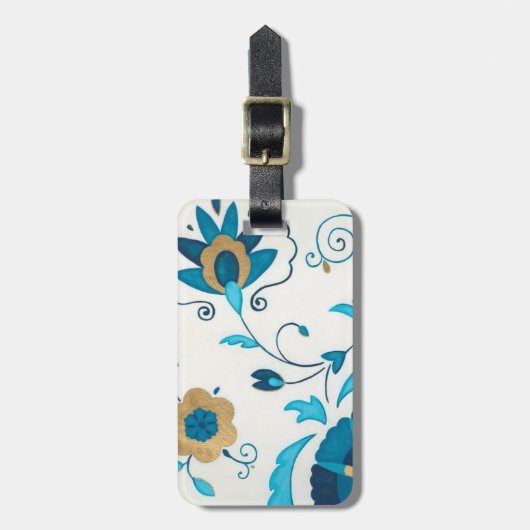 白い背景を持つ金箔の藍の花 ラゲッジタグ (正面縦)