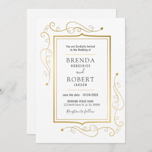 白い背景エレガントのヴィンテージ金ゴールドフレーム 招待状 (正面/裏面)