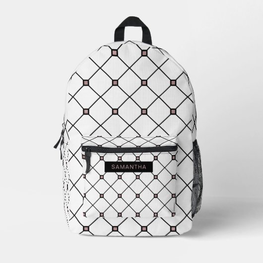 白い背景ダイヤモンドの黒とバラの金ゴールド プリントバックパック (正面)