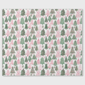 白い背景飾にピンクと緑の木 ラッピングペーパー (フラット)