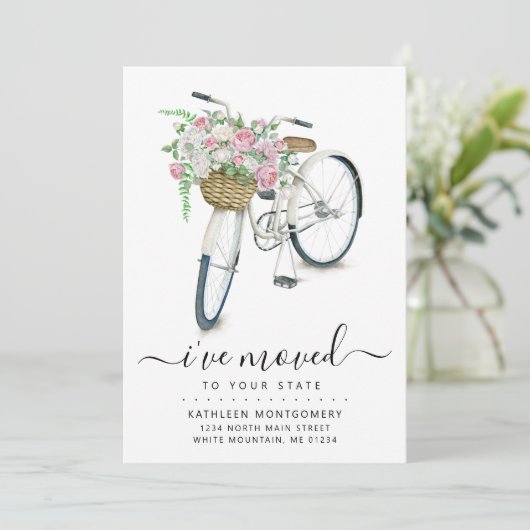 白い自転車ピンクのフローラバスケット移動 案内状 (スタンド正面)