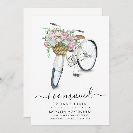 白い自転車ピンクのフローラバスケット移動 案内状 (正面/裏面)