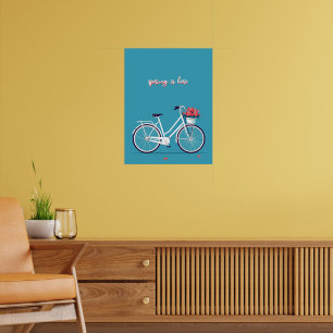 白い自転車ピンクの花ブルー背景 ポスター