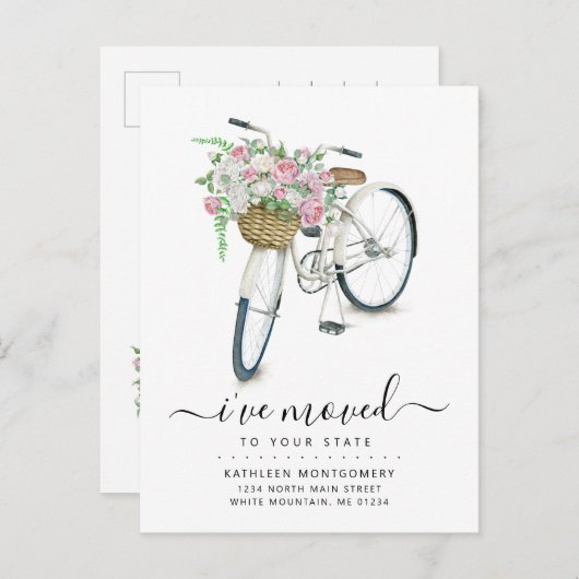 白い自転車ピンクホワイトローズフローラバスケット移動 案内ポストカード (正面/裏面)