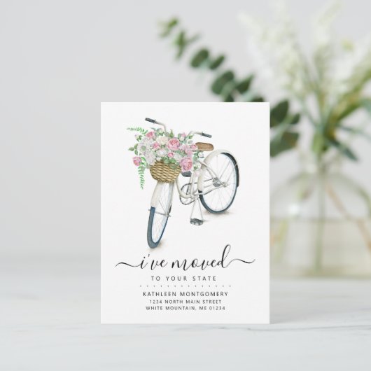 白い自転車ピンクホワイトローズフローラバスケット移動 案内ポストカード (スタンド正面)