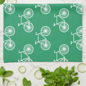 白い自転車、サイクリングパターン；ケリーグリーン キッチンタオル (折り畳み)